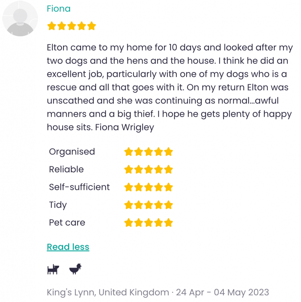 Pet sitter review from Fiona in West Acre, Norfolk