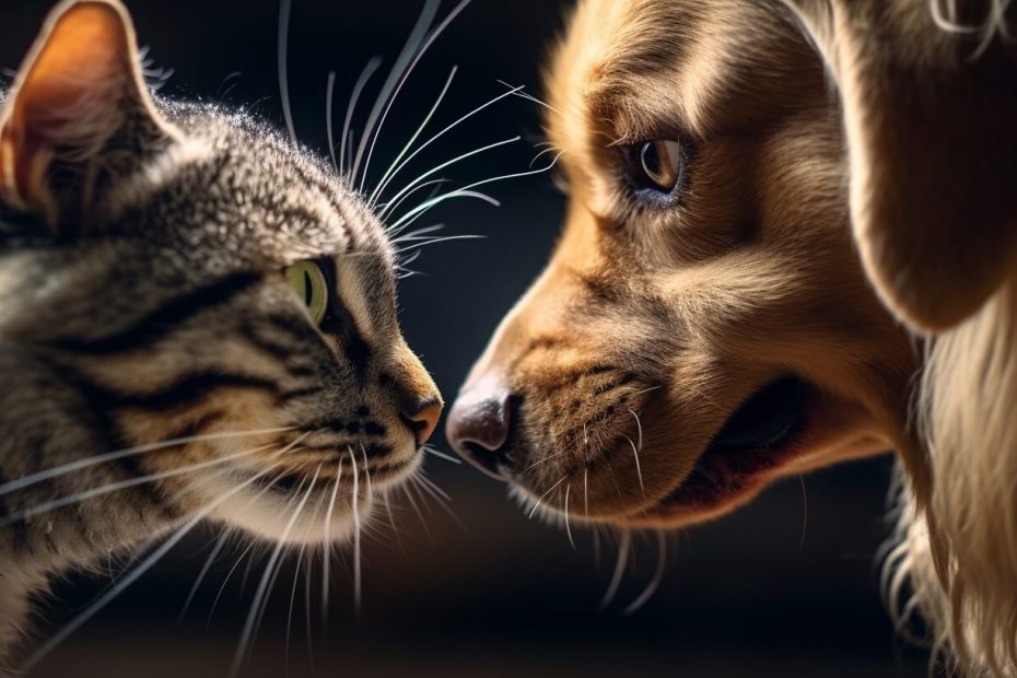 Dog vs Cat. A portrait of a cat and dog nose to nose in a face off