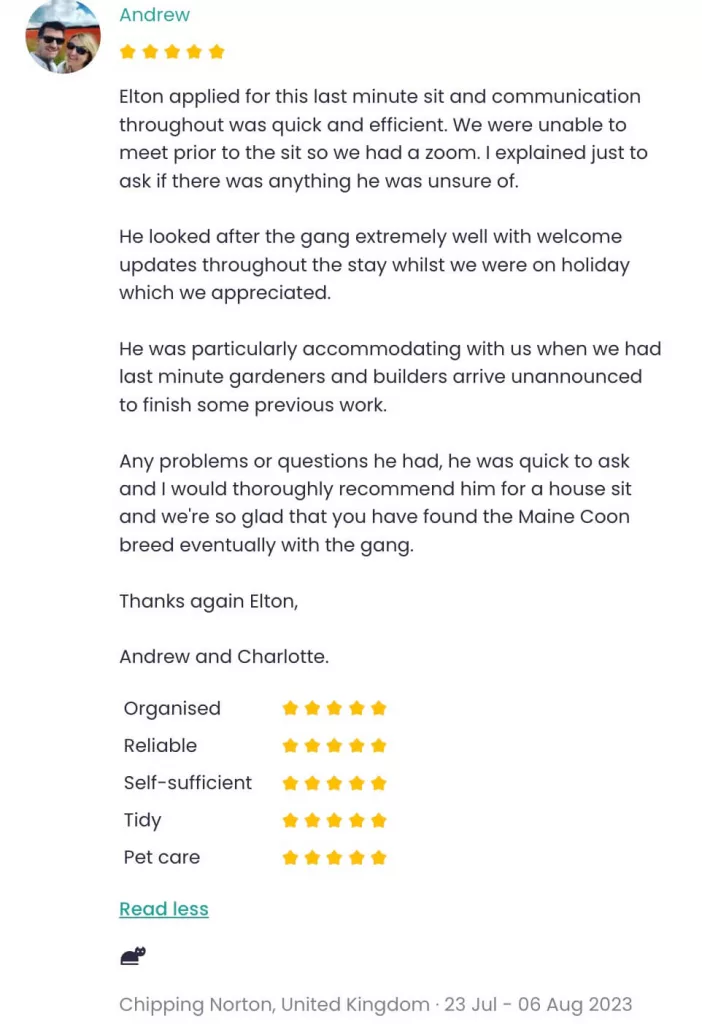 Pet sitting review from Andrew in Chipping Norton.
