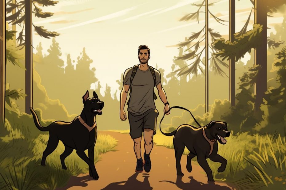 An illustration of a man walking two dogs along a forest path