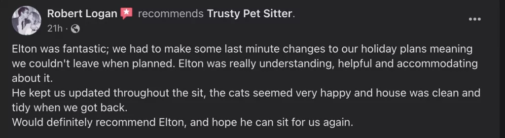 Pet sitter review from Robert