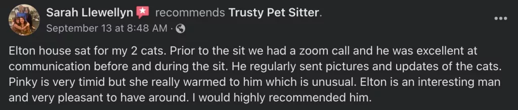 Pet sitting review from Sarah