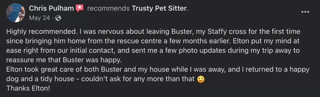 Pet sitter review from Chris Pulham