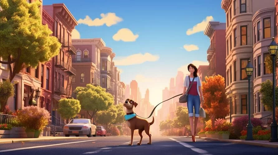 A dog walker walking a dog down a town street in the style of Pixar animation. 