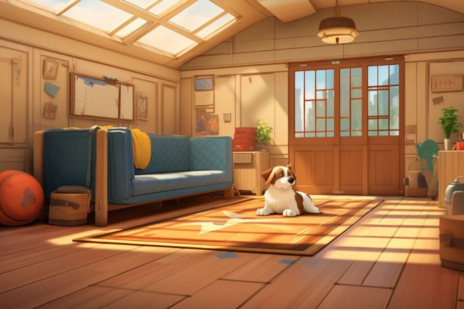 An animation image of a dog lying in a living room at a home boarder