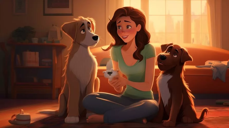A pet sitter sitting on the floor with two dogs in the style of Pixar animation