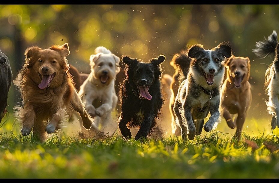 A group of dogs running and playing. The Importance of Socialisation for a Well-Behaved Dog article banner image